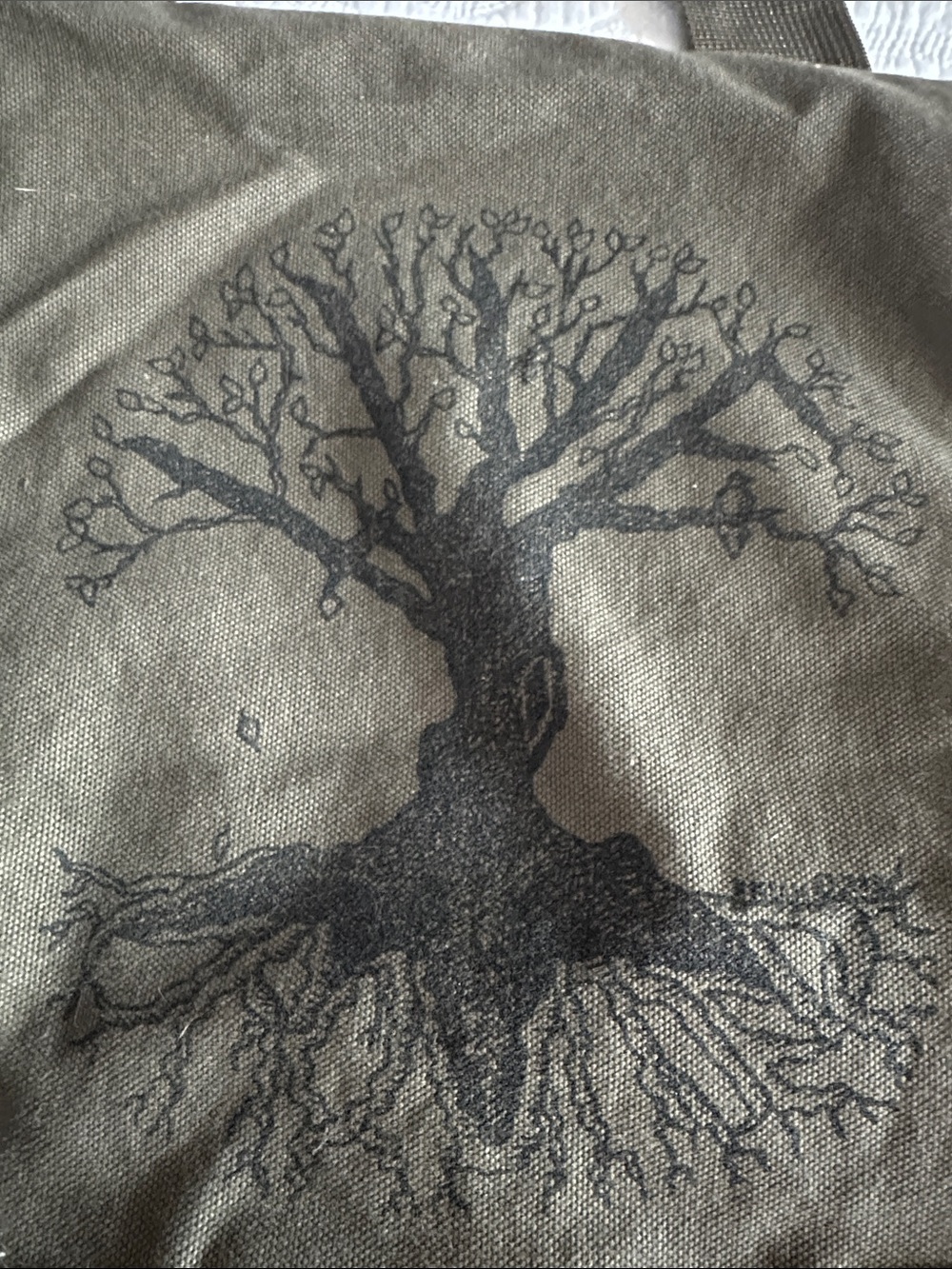 Olive Green Canvas Messenger Bag with Tree Motif - Picture 3 of 3